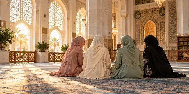 Sisters sitting together in a mosque prayer hall